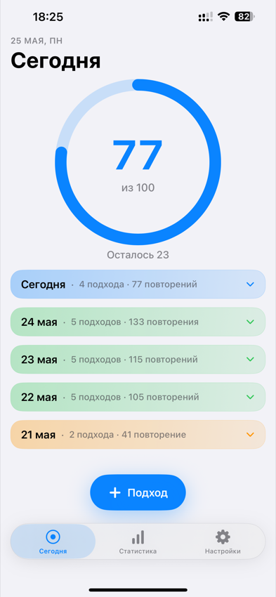 Главный экран Отжимайся: кольцо прогресса и карточки дней